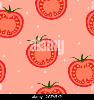 Tomato slices and seeds on a pink background. Vegetable design for printing on textiles, packaging Stock Vector