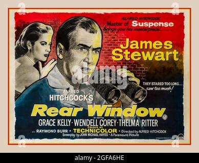 REAR WINDOW ALFRED HITCHCOCK 1954 Vintage Movie Film Poster ' Rear Window' directed by Alfred Hitchcock starring James Stewart, Grace Kelly, Wendell Corey, Thelma Ritter Raymond Burr, Rear Window is a 1954 American mystery thriller film written by John Michael Hayes based on Cornell Woolrich's 1942 short story 'It Had to Be Murder'. Originally released by Paramount Pictures, It was screened at the 1954 Venice Film Festival. Considered to be one of Director Hitchcocks finest films Stock Photo
