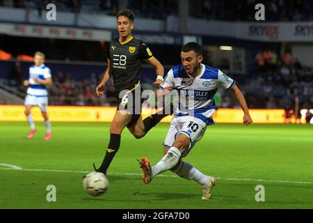 London, UK. 24th Aug, 2021. Ilias Chair of Queens Park Rangers (L) takes a shot on goal. Carabao Cup, 2nd round match, Queens Park Rangers v Oxford Utd at The Kiyan Prince Foundation Stadium, Loftus Road in London on Tuesday 24th August 2021. this image may only be used for Editorial purposes. Editorial use only, license required for commercial use. No use in betting, games or a single club/league/player publications. pic by Steffan Bowen/Andrew Orchard sports photography/Alamy Live news Credit: Andrew Orchard sports photography/Alamy Live News Stock Photo