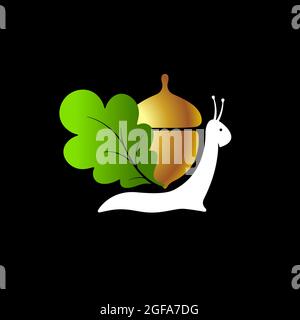 Green oak leaf and golden acorn with a white snail on a black background. Logo or label template. Cartoon flat style Stock Vector
