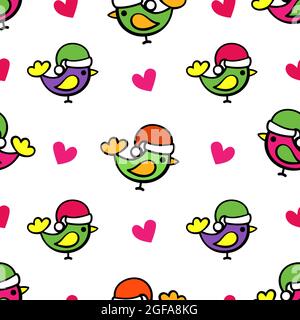 Colored birds in a hat Santa Claus and hearts on a white background. Christmas print concept. Seamless pattern for printing on textiles, packaging Stock Vector