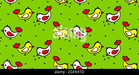 Cartoon birds or chickens pecking seeds, green background. Seamless pattern for printing on textiles, packaging Stock Vector