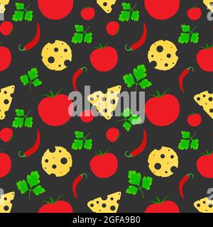 Red tomatoes and chilli peppers with cheese and herbs on a gray background. Seamless background Stock Vector
