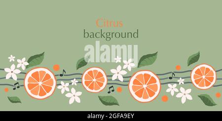 Card with oranges, flowers and musical notes. Space for text, copy space Stock Vector