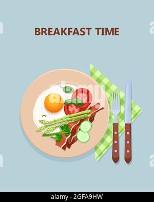 Breakfast time poster with scrambled eggs and vegetables Stock Vector