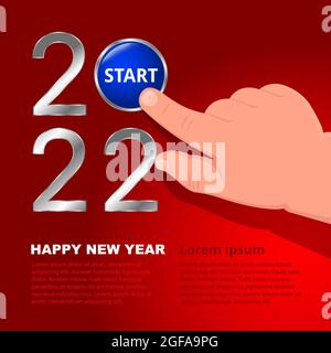 Concept banner Happy New Year 2022 on red photo. Child's hand presses the blue Start button. Design for your greeting card or party invitation Stock Vector