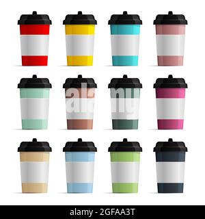 Colored set of plastic cups for drinks, coffee or tea. Glasses with a clean label for the logo and text Stock Vector