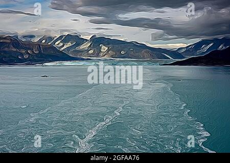 An Illustration of the wake of a cruise ship sailing away from Hubbard Glacier with a view of the glacier and mountains. Stock Photo