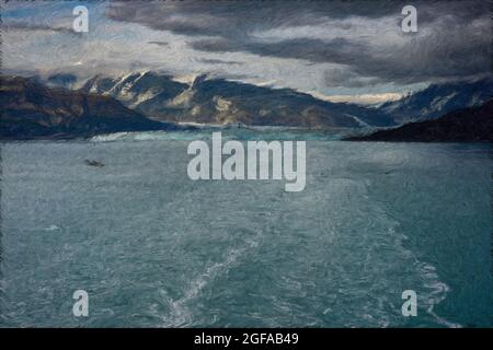 An illustration of the wake of a cruise ship sailing away from Hubbard Glacier with a view of the glacier and mountains. Stock Photo