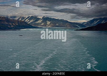 An illustration of the wake of a cruise ship sailing away from Hubbard Glacier with a view of the glacier and mountains. Stock Photo