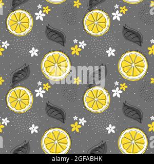 Lemon slices with flowers on a gray background. Citrus design for printing on textiles, packaging Stock Vector
