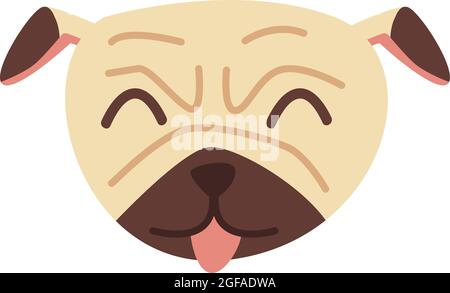Cute pug dog face with tongue sticking out. Happy pet animal concept. Illustration in flat hand drawn style. Stock Vector