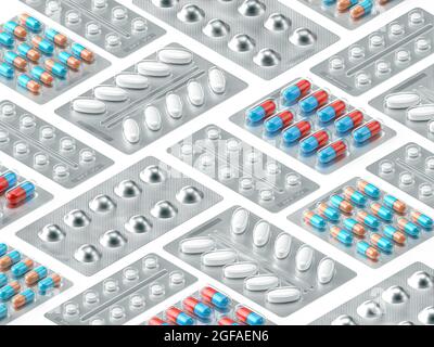 Isometric pattern made of diverse pharmaceutical blister packs with pills isolated on white. Photorealistic 3d illustration Stock Photo