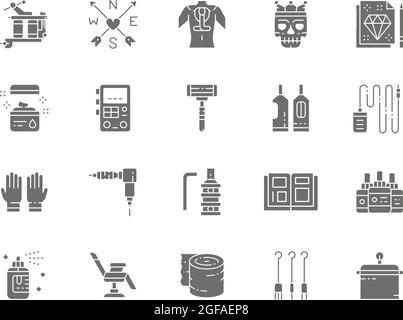 Set of Tattoo Studio Gray Icons. Tattoo Machine, Vaseline, Power Machine Supply, Disposable Razor, Rubber Gloves, Ink Bottles, Chair, Aftercare Stock Vector