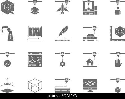 Set of 3D Printing Grey Icons. Industrial Printer, Plastic Thread Reels and more Stock Vector