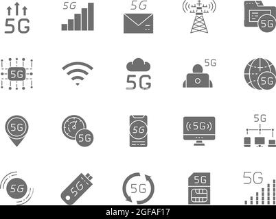 Set of 5G Internet Grey Icons. Database, Wireless Chip, Cloud System and more. Stock Vector