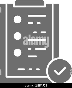 Folder tablet with check mark sign, quality control, verification grey icon. Stock Vector