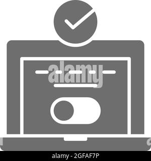 System login, laptop with check mark, user authorization grey icon. Stock Vector