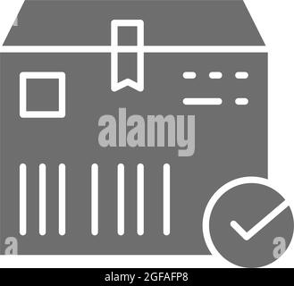 Cardboard box with check mark, cargo delivered, delivery verified grey icon. Stock Vector