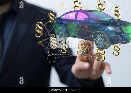 Lawyer selecting from a 3D render of floating law and justice paragraph symbols around  a car Stock Photo