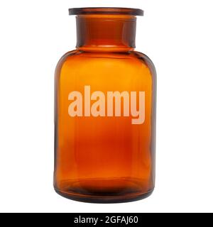 Old vintage pharmacy glass, bottle blank glass. Medical bottle isolated. Clipping path. Chemical glass. Stock Photo