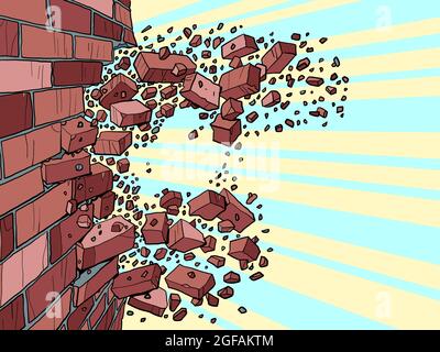 The brick wall breaks through. Destruction of buildings, ruins and demolition Stock Vector