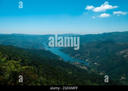 Pedra Bela viewpoint with a panorama of Cavado River from afar in the National Park of Peneda Geres, Portugal. Stock Photo