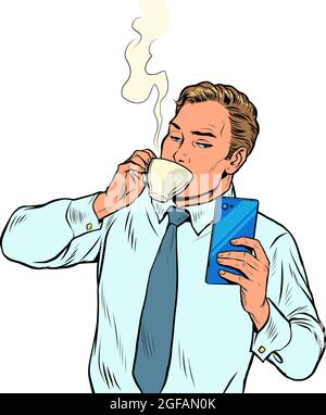 businessman drinking morning coffee and reading smartphone, daily routine Stock Vector