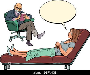A male psychotherapist at a psychotherapy session with a patient, listens to a woman, sits in a chair and makes notes in a notebook Stock Vector
