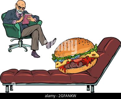 A psychotherapy session with a burger. Overeating and obesity problems Stock Vector