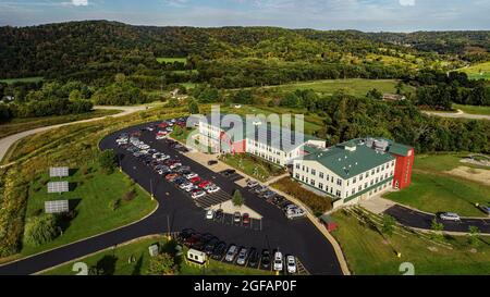 Aerial view of solar-powered Organic Valley headquarters and the surrounding Kickapoo Valley Reserve State Natural Area in LaFarge, Wisconsin, USA Stock Photo
