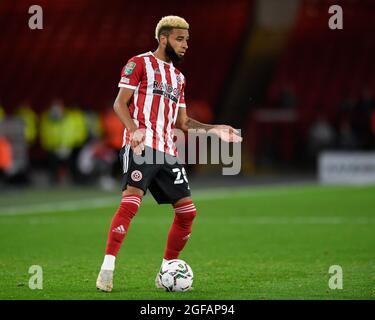 Sheffield, UK. 24th Aug, 2021. Jayden Bogle #20 of Sheffield United with the ball in Sheffield, United Kingdom on 8/24/2021. (Photo by Simon Whitehead/News Images/Sipa USA) Credit: Sipa USA/Alamy Live News Stock Photo