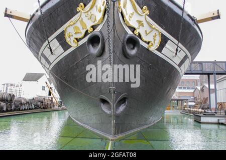 BRISTOL, UNITED KINGDOM - Aug 07, 2012: A front view of the bow of Brunel's SS Great Britain museum ship in the dry dock of Bristol, United Kingdom Stock Photo