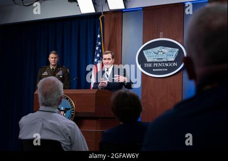Pentagon Press Secretary John F. Kirby, right, holds a press briefing, at the Pentagon, Washington, DC, August 23, 2021. Looking on at left is Deputy Director of The Joint Staff for Regional Operations, US Army Major General William D. “Hank” Taylor.Mandatory Credit: Julian W. Kemper/DoD via CNP /MediaPunch Stock Photo
