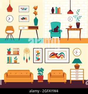 Collection of interiors with furniture and home decorations Stock Vector