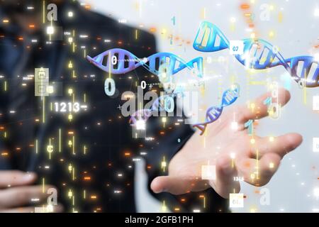 Businessman holding a render of DNA sequences and binary code Stock ...