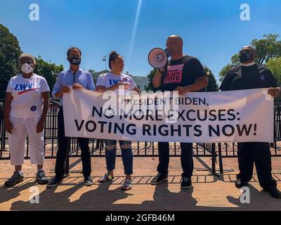 August 24, 2021, Washington, District of Columbia, USA: Ben Jealous, president of People For the American Way called on President Biden to call on the Senate to remove the filibuster as a barrier to voting rights legislation' at the Ã”No More Excuses: Voting Rights Now!Ã rally. He was joined in front of the White House by Dr Deborah Ann Turner, president of the League of Women Voters, Rabbi Jonah Pesner, director of the Religious Action Network, Virginia Kase Solomon, CEO of the League of Women Voters; and Rev. Melvin Wilson, Elder in the Saint Matthew AME Church; (Credit Image: © Sue Dorf Stock Photo