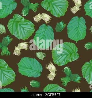 seamless pattern with hazelnuts and foliage on brown background Stock Vector