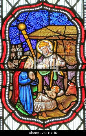 Birth of Jesus, stained glass window, 1860, The Nativity, Fakenham, Norfolk Stock Photo