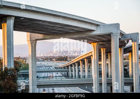 Los Angeles California,Interstate 110 105,I-110 I-105 junction Harbor Freeway highway overpass,motorway interchange elevated roadway curve support col Stock Photo