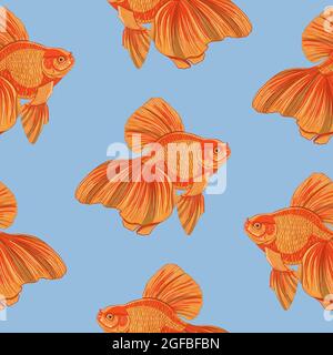 Digital illustration of orange detailed aquarium goldfish seamless pattern on blue background. High quality illustration Stock Photo