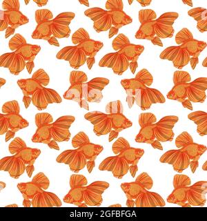 Digital illustration of orange detailed aquarium goldfish seamless pattern on white isolated background. High quality illustration Stock Photo