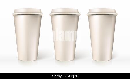 Three paper cups isolated on white background. Vector paper cups with caps. Stock Vector