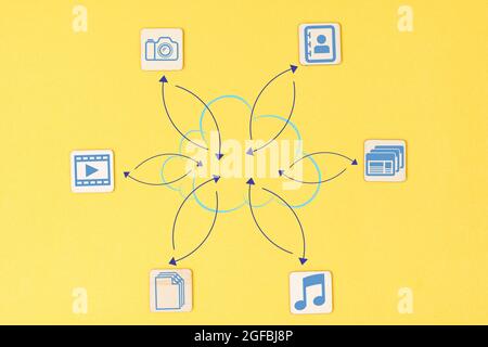 Diagram of types of data that can be saved in the cloud storage for storing and sharing. Stock Photo