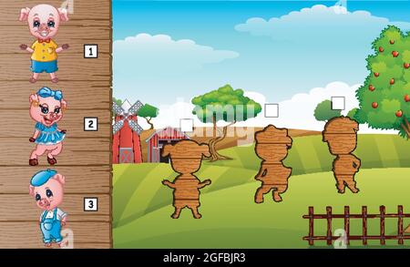 Cute three little pigs collection set. Find the correct shadow on board. Educational game for children Stock Vector