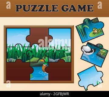 Duck and frogs in the river with puzzle concept Stock Vector