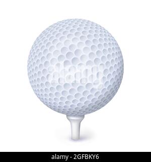 Realistic golf ball on stand isolated on white. Stock Vector