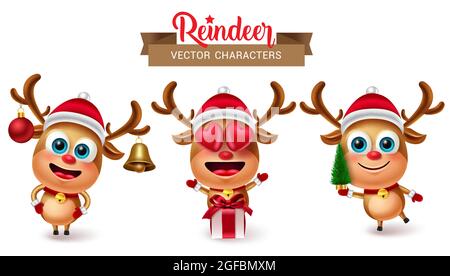 Reindeer christmas character vector set. Reindeers characters in cute 3d inlove and holding xmas tree element for holiday season deer collection. Stock Vector