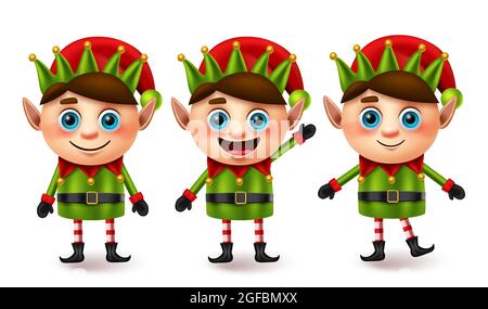 Elf christmas character vector set. Elfs xmas characters in standing pose and gesture with friendly facial expression for cute 3d little kid. Stock Vector