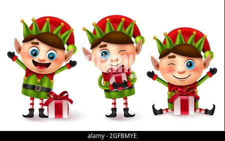 Elf christmas vector character set. Elfs little characters with gifts in surprise and thankful facial expression for xmas gift giving collection. Stock Vector